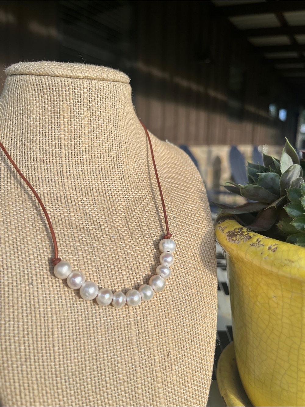 Artisan Freshwater Pearl Necklace on Brown Leather Cord